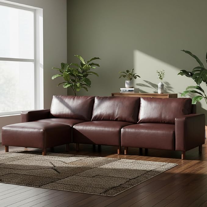 KEIKI PU Leather Sectional Couch Sofa Set Luxury 4 Seater Modular Sleeper Couches with Ottoman Corner Comfy Convertible L-Shaped Sofabed for Office Living Room Lounging Easy Assembly Burgundy