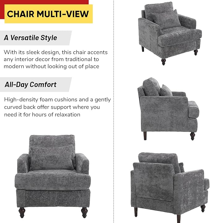 JOYBASE Accent Chair Single Sofa Chair Mid-Century Modern Upholstered Armchair Reading Club Chair for Living Room Office Bedroom (Grey Chenille)