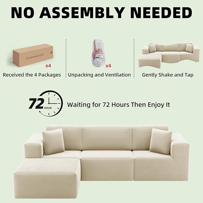 106 Boneless Sectional Couch with High-Density Foam Modern Frameless Floor Couch with Ottoman 3 Seater Cloud Modular Sofa with Chaise for Livingroom Cream Beige