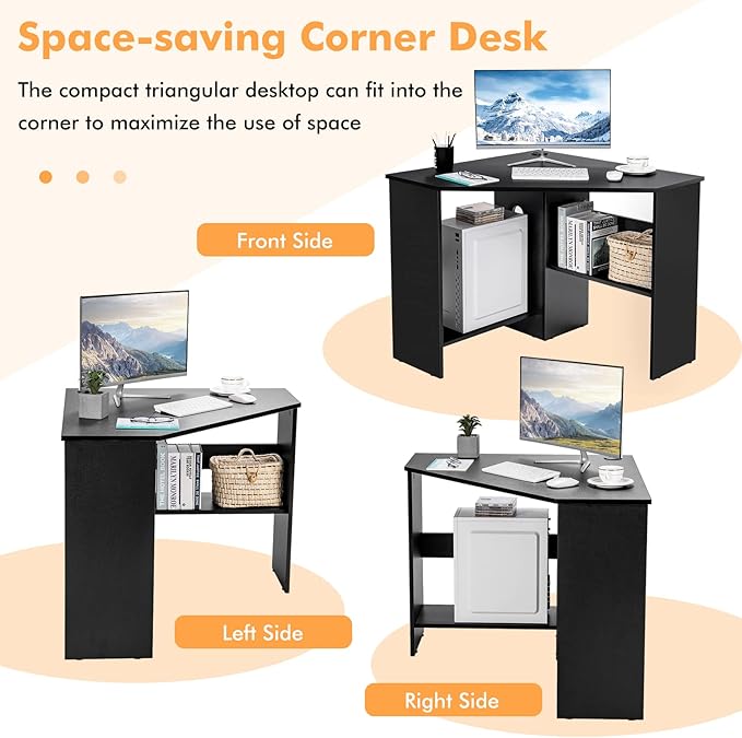 COSTWAY Corner Computer Desk Space-Saving Triangular Writing Desk w/ 2 Storage Shelves &amp 2 Cable Holes Multi-Functional Console Table for Small Space in Home Office Living Room Bedroom (Black)