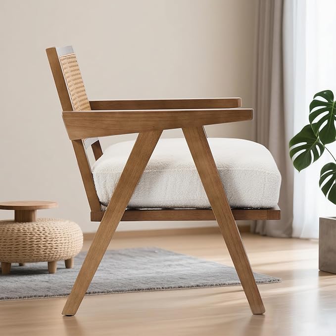 Accent Chair Mid Century Modern Comfy Living Room Chairs with Sturdy Wood Legs Rattan Backrest &amp Beige Thick Linen Cushion Armchair for Bedroom Balcony Apartment White
