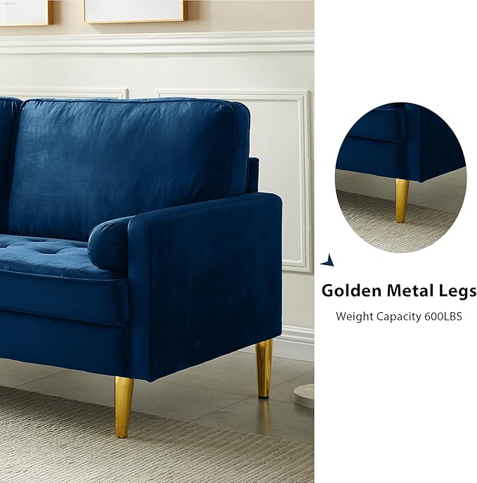 67 Modern Velvet Loveseat Sofa Couch Mid-Century Tufted Upholstered Small Love Seat Couch with 2 Pillows &amp 4 Golden Legs 2-Seats Couches for Compact Space Living Room Apartment (Navy)