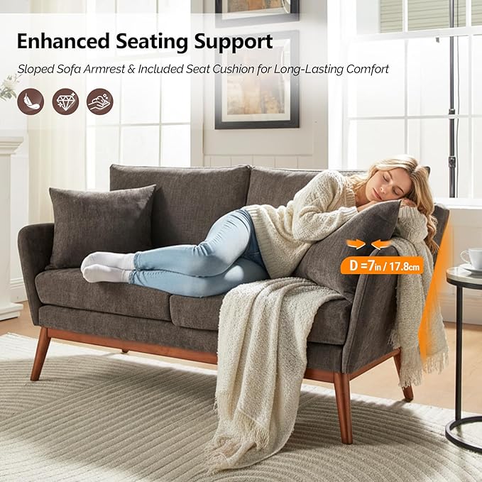 VINGLI 63.5 W Comfy Small Upholstery Love Seat Couch with Soild Rubber Wood Frame 2 Seater Mid Century Linen Fabric Loveseat Sofa Mini Couch with Two Pillows for Small Spaces Bedroom Brown