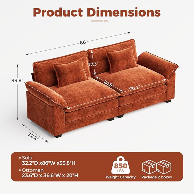 CDCASA 86 Modular Sectional Sofa Comfy L-Shaped Cloud Couch 2-Seater Chenille Deep Seat Modern Loveseat Sofa for Living Room Study Room Terracotta Orange