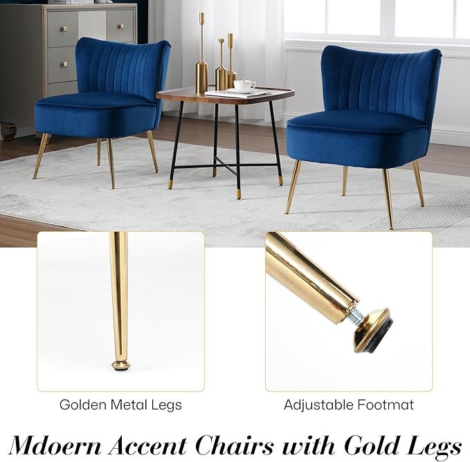 Velvet Accent Chair Set of 2 Comfy Upholstered Side Chair with Gold Metal Legs and Padded Seat Modern Small Corner Armless Living Room Chairs with Wing Back Blue