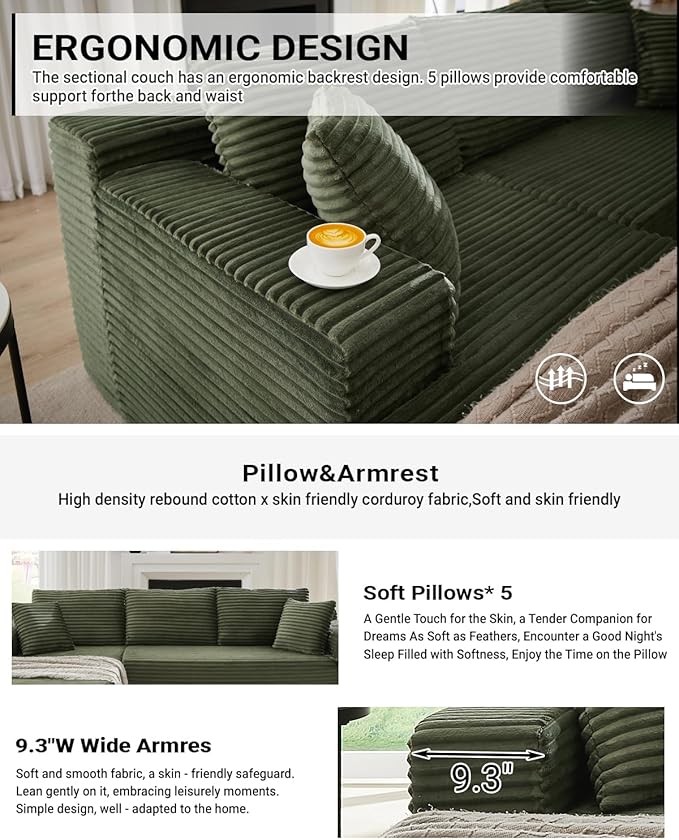 Boneless Couch for Living Room 104 Inch Cloud sectional Couch with Deep Seat Corduroy Modular Sectional Sofa with L-Shape Chaise No Assembly Required (Green Left Facing Chaise)