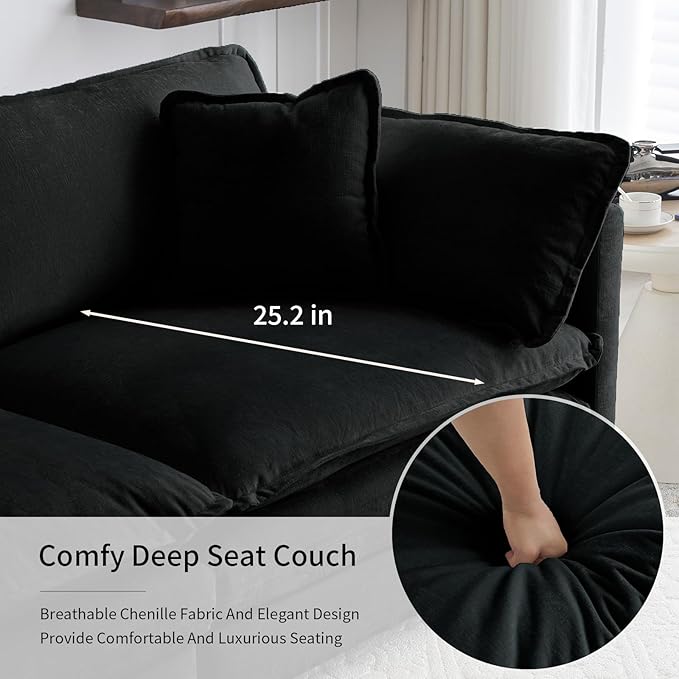 Chenille Oversized Accent Chair 41.4 Comfy Modular Single Sofa Cloud Couch Chair Upholstered Deep Seat Armchair with Pillow for Living Room Bedroom Family Room Reading Nook Black