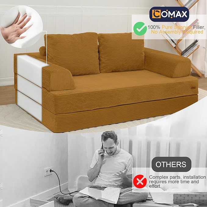 COMAX Convertible Sofa Bed Folding Floor Couch Corduroy Fold Out Couch Bed Futon Sleeper Mattress with Pillows Boneless Sofa Comfy Lounge Loveseat for Living Room Bedroom Yellow