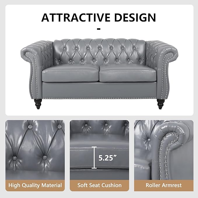 AVZEAR Chesterfield Loveseat Mid-Century PU Upholstered Loveseat Sofa Modern 2 Seater Couch Style Button Tufted Grey
