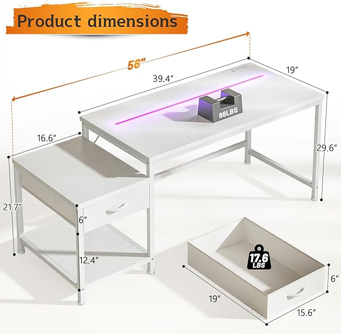 56 Inch White Desk with Drawers &amp Shelf to StorageComputer Desk with Power Outlet &amp LED LightsReversible Office Desk with Hooks for HeadphoneBagsDesk for BedroomDormTeens Study Room