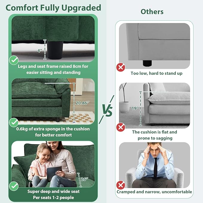 Oversized Modular Sectional Sofa 146.5 Inch U Shaped Cloud Couch Set 4-Seat Comfy Convertible Sofa with 2 Movable Ottoman DIY Combination Sleeper Couch for Living Room(Chenille Green)