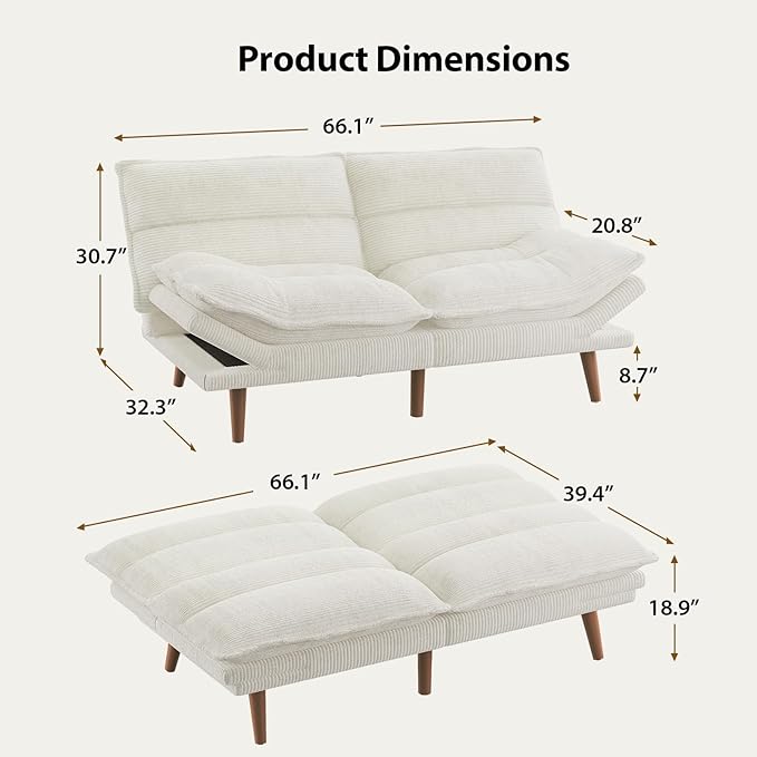 Pipishell Futon Sofa Bed Convertible Futon Adjustable Backrest &amp Armrests Corduroy Sleeper Couch for Small Spaces Living Room Office Guest Room (Pearl White 66 Inch)