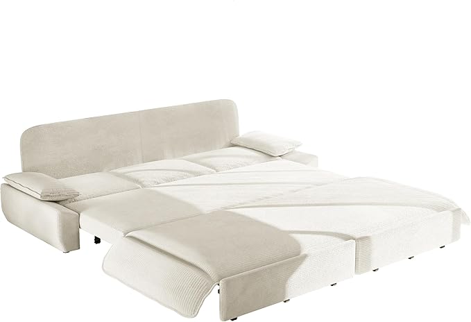 94.5'' Sleeper Sofa Bed King Size Modern Corduroy Pull Out Couch 3-in-1 Convertible Futon Sofa 3 Seater Couches Cloud Recliner Pillow Arm for Living Room Apartment Offices Beige