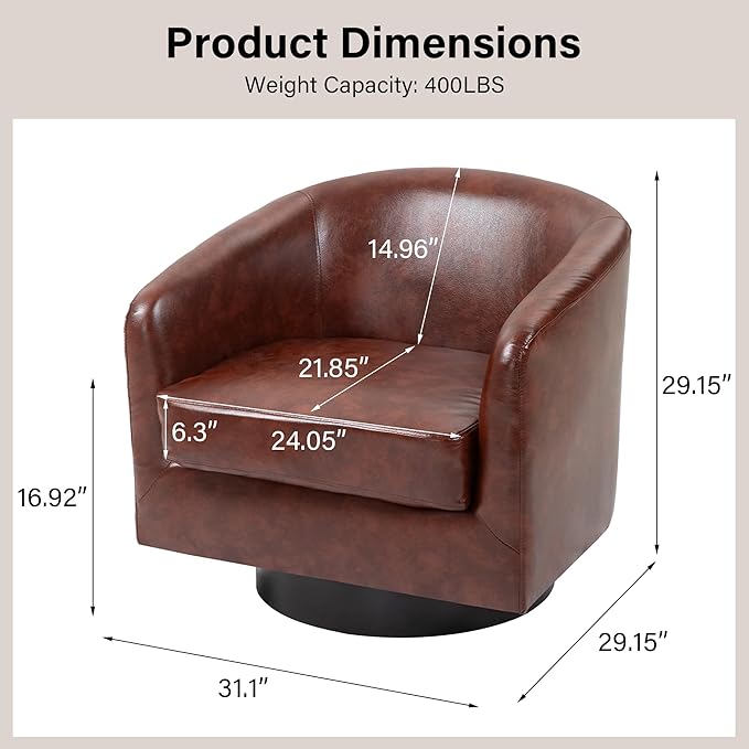 Swivel Barrel Chair Modern Round PU Leather Accent Armchair for Living Room Bedroom Oversized Comfy Club Reading Chairs for Adults (Leather Red Brown Set of 1)