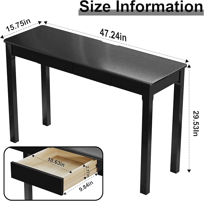 Solid Wood Desk with Drawers - 47 x 16 Inch Modern Narrow Desks Rubber Wood Study Table Small Writing Desk for Small Spaces|Bedroom - Black Desks