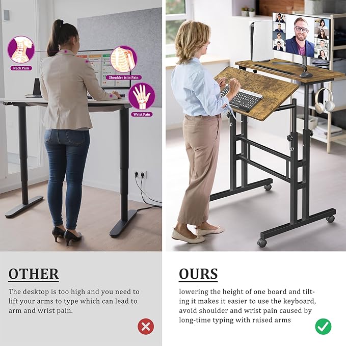 Small Standing Desk with Wheels Mobile Stand Up Desk Portable Standing Table on Wheels for Walking Pad Rolling Computer Desk Adjustable Height Tall Table