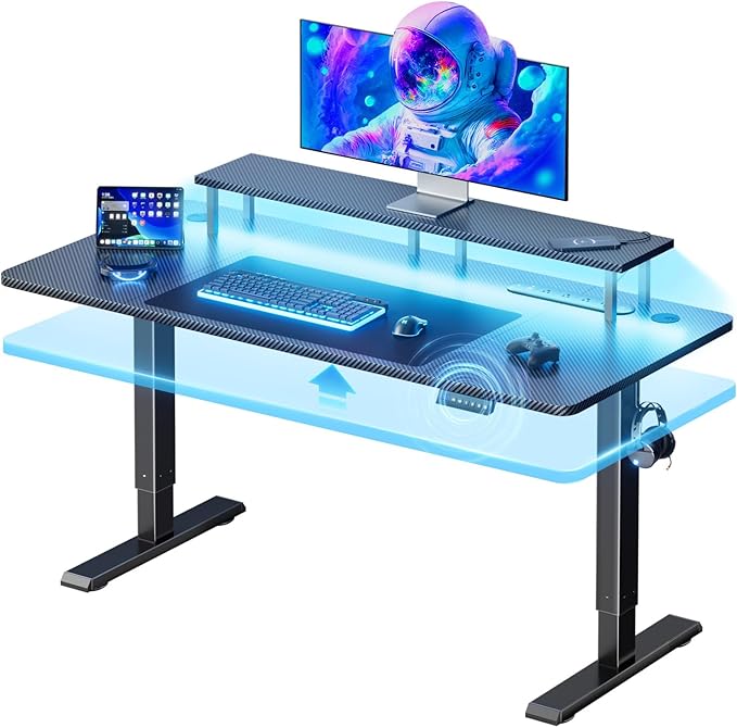 HLDIRECT Electric Standing Gaming Desk with LED Lights 63 Inch Height Adjustable Gaming Table Sit Stand Computer Workstation with Power Outlet &amp Monitor Stand Rising Desk for Home Bedroom Blac