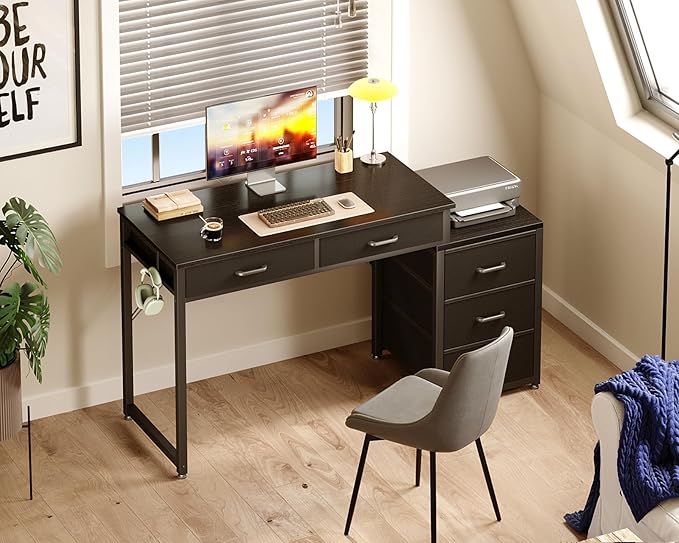 ODK Computer Desk with 5 Drawers 53 Inch Office Desk with Printer Shelf Reversible Gaming Desk for Home Bedroom Writing Table Desk with Headphone Hook for Storage Black