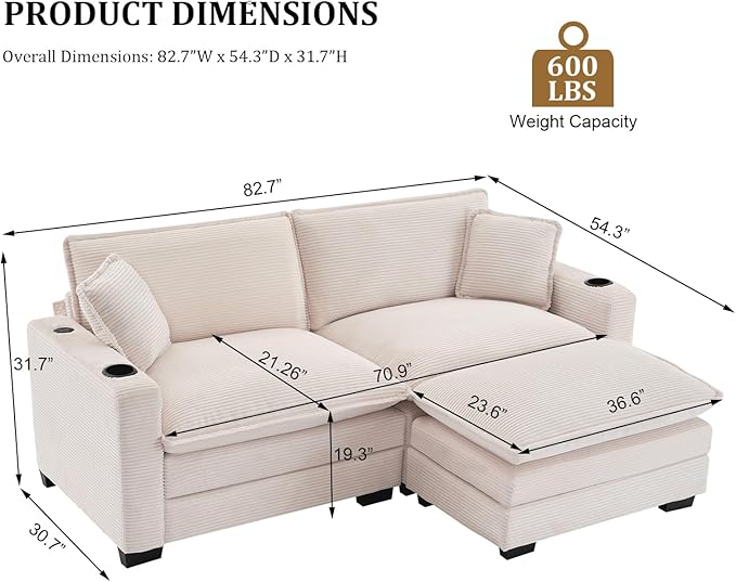 KIVENJAJA Corduroy Cloud Sectional Couch Modular Oversized Loveseat Sofa with Ottoman Cup Holders &amp USB Port Comfy 2 Seater Love Seat for Living Room Small Space 82.7”W Beige