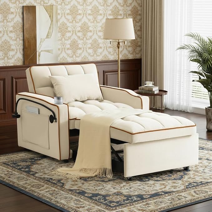 Convertible Sleeper Chair Chairs Bed Sleepers for Adults Pull Out Chair Sleeper with Bracket and Cup Holder 3 in 1 Sofa Bed Chairs for Small Spaces Living Room White