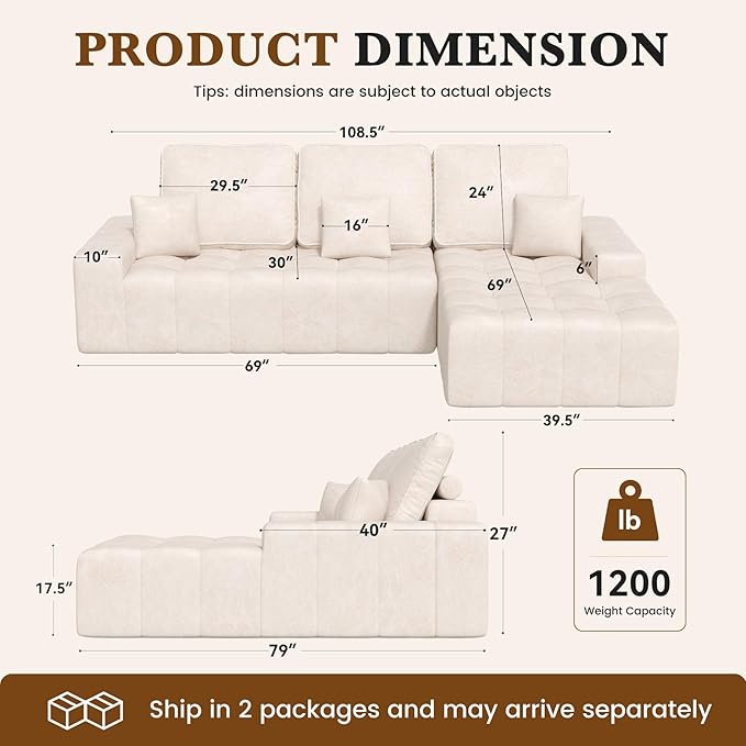 108'' Modular Sectional Sofa with Chaise Lounge L Shape Faux Leather Cloud Boneless Couch 3 Seater Deep Seat and 3 pcs Back Cushions for Living Room Bedroom(Right Facing)