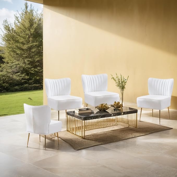 Accent Chair Set of 6 Upholstered Velvet Wingback Side Chairs Modern Armless Living Room Chairs with Golden Legs Vanity Chair for Bedroom White