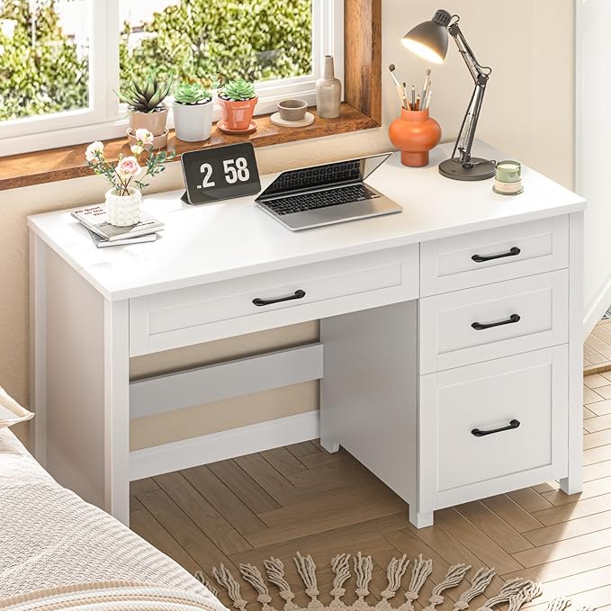 Farmhouse 47 Executive Desk with 4 Drawers Computer Desk with File Drawer Workstation for Study Home OfficeCream White.