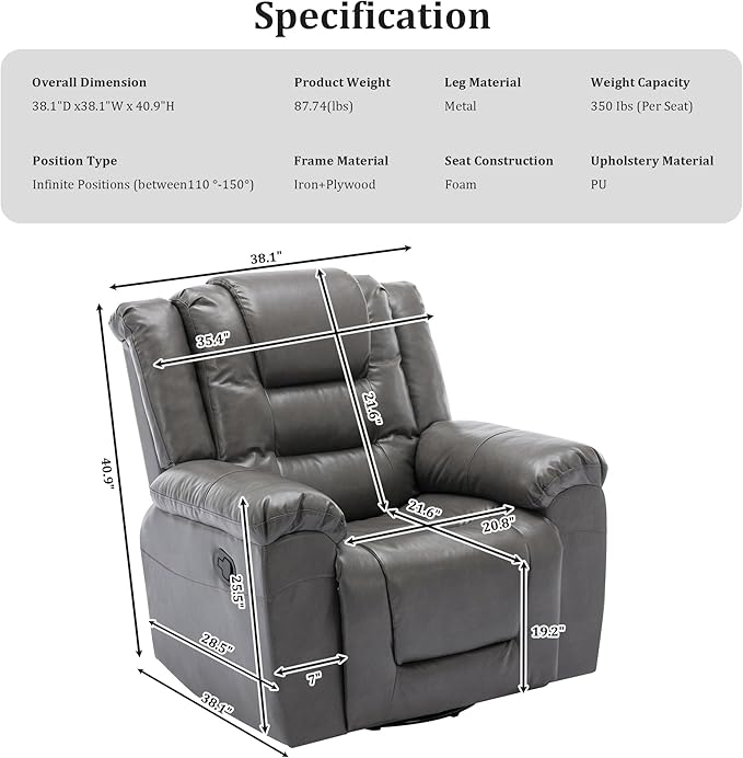 Leather Recliner Chair with Adjustable Backrest Modern Home Theater Seating for Living Room Bedroom Home TheaterRV(Grey)