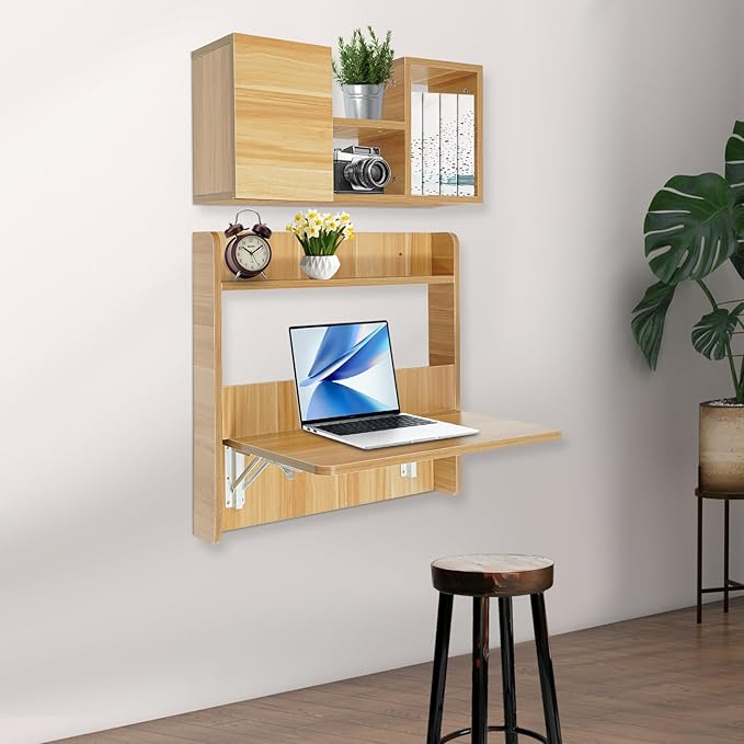 Wall Mounted Folding Table with BookshevesFloating Desk with BookcaseWooden Fold Down Laptop Table for Small SpaceHome Office BedroomStudy RoomDormWood Color