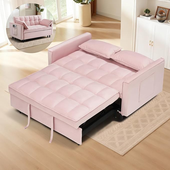3 in 1 Convertible Sleeper Sofa Bed Modern Velvet Loveseat Pull-Out Couch w/Pullout Bed Small Love Seat Lounge Sofa w/Reclining BackrestToss Pillows Pockets for Living Room (Pink 55.1)