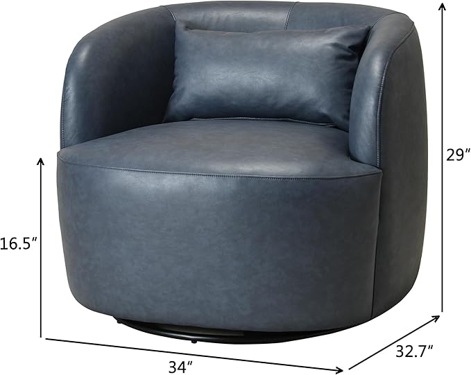KINWELL 34 Wide Swivel Faux Leather Armchair No Assembly Upholstered PU Leather Swivel Accent Chairs with Toss Pillow for Living Room Office Lounge Navy