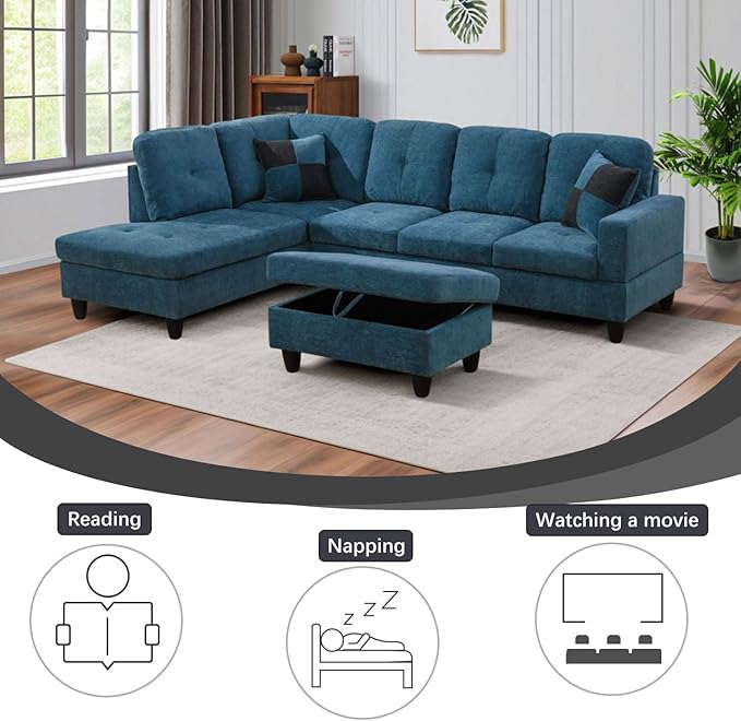 L-Shaped 3-Piece Flannel Sofa with Storage Ottoman Set Sectional Couch Sofa Set for Living Room Office Small Space Blue