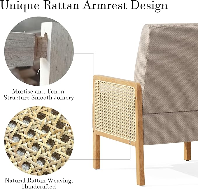 Rattan Accent Chair Set of 2 with Rattan Arms Mid Century Modern Chair for Living Room Linen Upholstered Comfy Chair for Bedroom Reading Room Home Office Brown