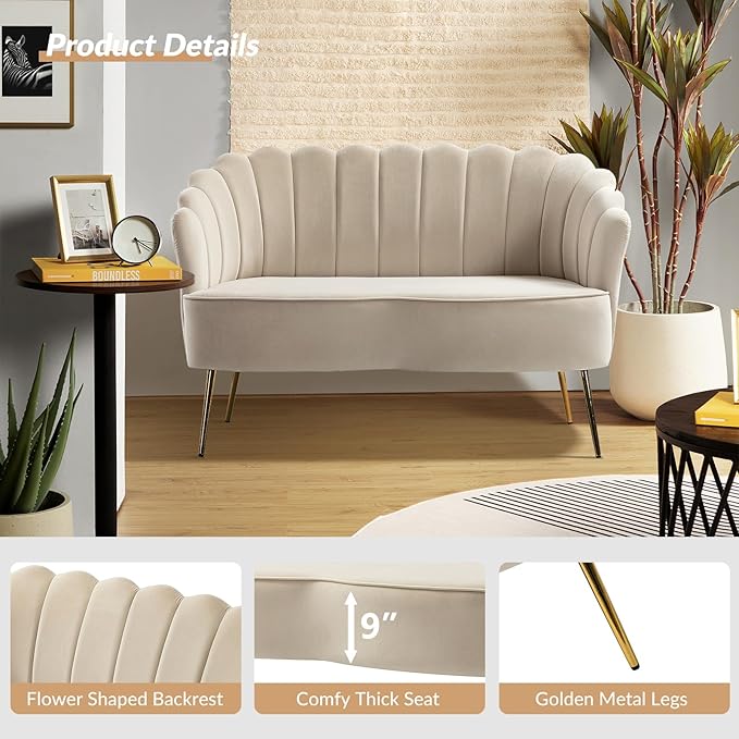 Velvet Upholstered Loveseat Sofa with Gold Metal Legs Modern Comfy Small Love Seat with Flower Shaped Back 2-Seater Sofa Accent Couch for Living Bedroom Leisure Areas