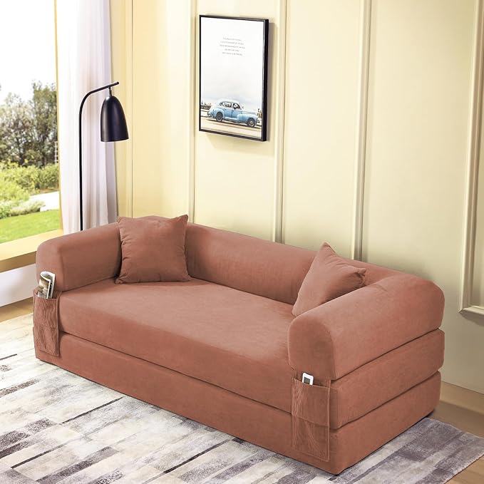 4-in-1 Folding Convertible Sofa Bed 80 Inch Oversized Corduroy Boneless Couch Loveseat Sleeper with Pull Out Bed Floor Sofa Modular Futon Teddy Sofa for Living Room Bedroom Lounge Pink
