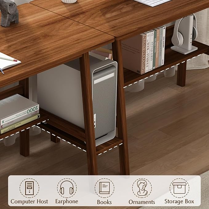 2-Person Writing Desk with Bookshelf - 79 Wooden Extra Long Home Office Work Table Double Study Computer Workstation with Storage Shelves in Walnut 79 W x 24 D