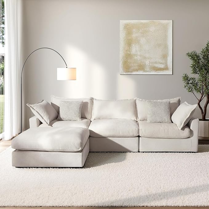 118.5 Modular Sectional Sofa Down Filled Cloud Couch with Storage Ottoman Oversized L Shaped Couch with 2 Pillows 4 Seats Sectional Couches for Living Room Apartment Beige
