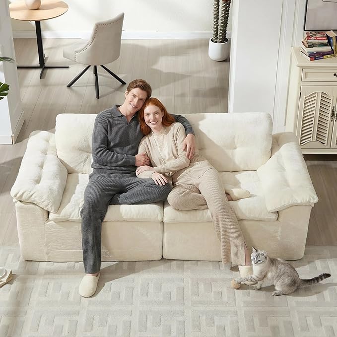 157 Cloud Sectional Couch Deep Seat Boneless Sofa for Living Room with U-Shaped Chaise Comfy Chenille Modular Sofa No Assembly Required (Beige 79” Loveseat)