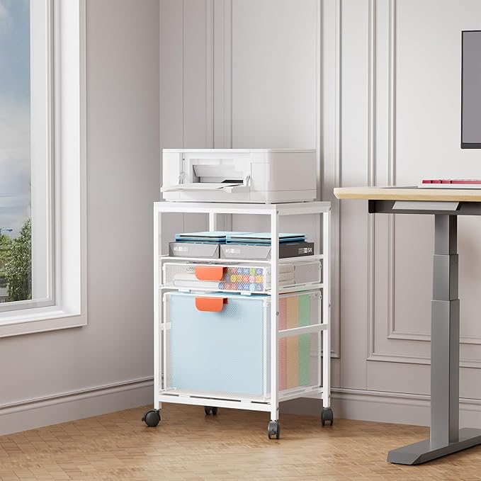 Marbrasse Rolling File Cart with Handle Mobile File Cabinet on Lockable Wheels Office Filing Cabinet Organizer Printer Stand with Hanging File Folder Organizer for Home Office - White