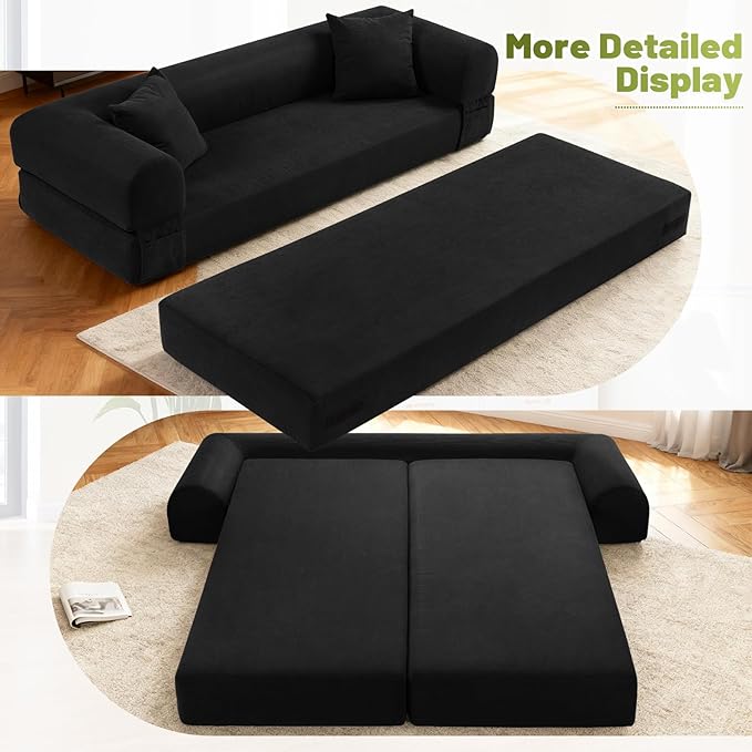 Convertible Futon Sofa Bed80 Folding Pull Out Couch with Pillows &amp Storage Pocket (Black Corduroy-30 W)
