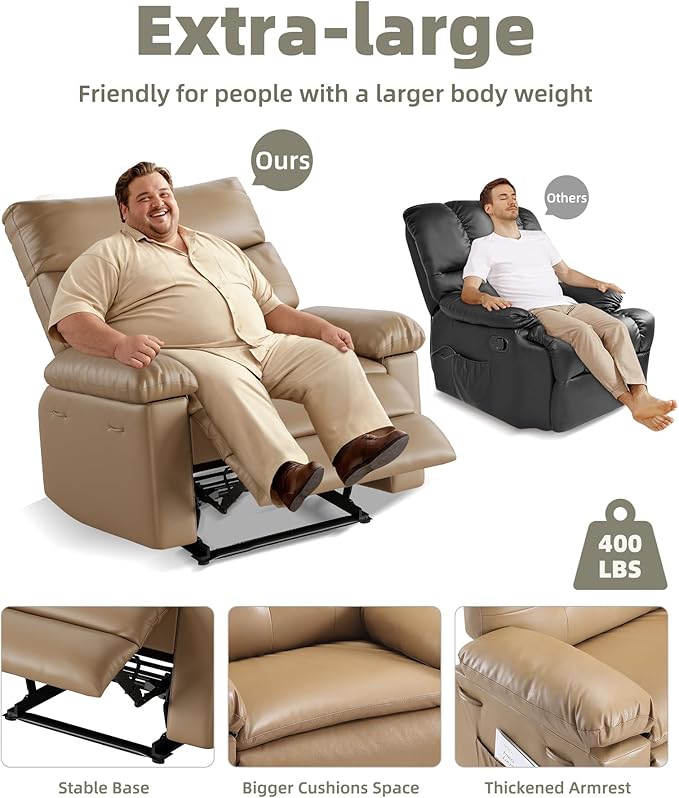 GarveeHome Oversized Wide Recliner Chair - Heat and Massage PU Leather Extra Wide Manual Recliner for Adults Large Lazy Chair with 1.5X Sponge Comfort Arm and Back for Living Room Bedroom