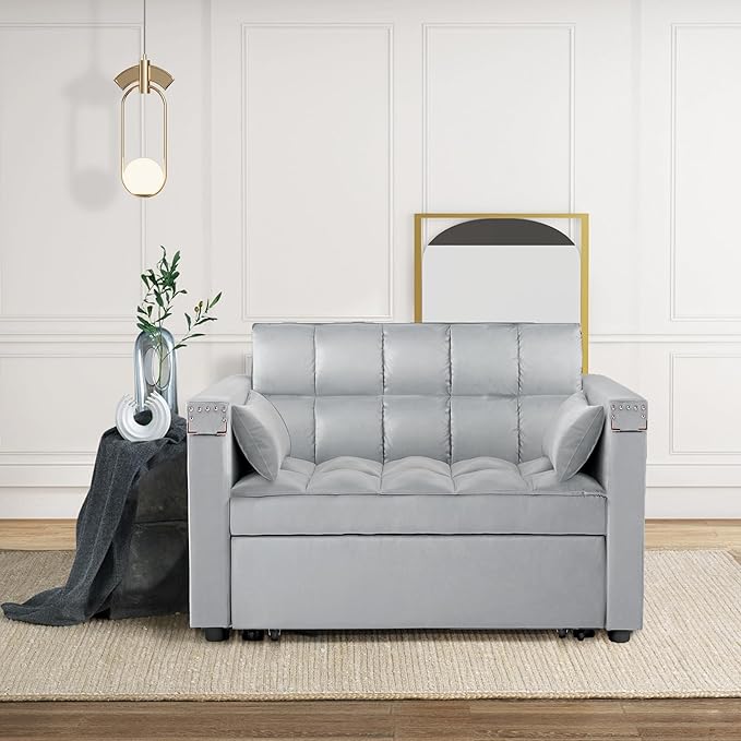 Velvet Convertible 3 in 1 Sleeper Sofa Bed Small Upholstered Loveseat Pull Out Couch Multi-Functional Sleeper Futon with Hidden Table and Adjustable Backrest for Living Room (Gray)