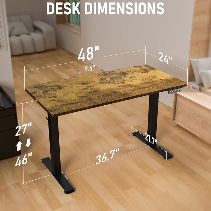 48 x 24 Electric Standing Desk Adjustable Height Sit Stand Desk with 3 Preset Heights &amp 2 Hook Electric Desk for Home Office Gaming Rustic Brown