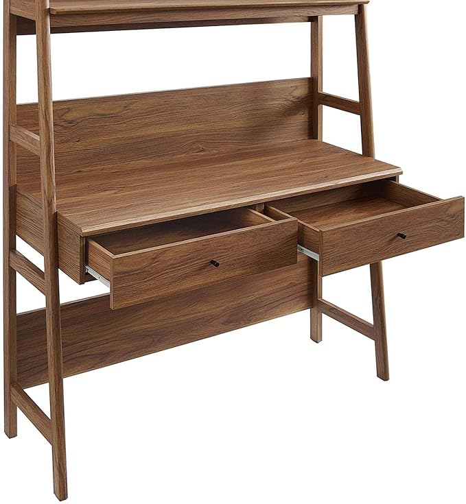 Pemberly Row Modern Particleboard and MDF Office Desk Walnut Finish 71 in x 49 in x 18.5 in Slim Tiered Design with Shelves and Full-Extension Drawers Home Office Workspace Furniture