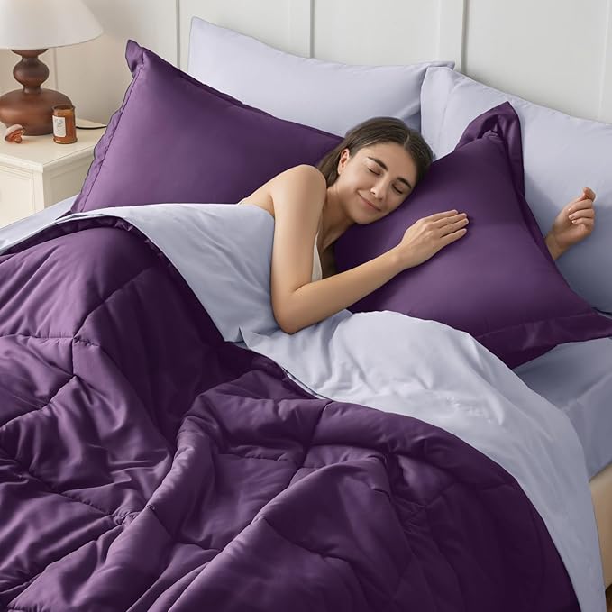 JOLLYVOGUE King Comforter Set Ultra-Soft Bed in a Bag King Size 7 Pieces Oeko-TEX Certified Bedding Set with Down Alternative Comforter Sheets Pillowcases &amp Shams Purple &amp Lavender