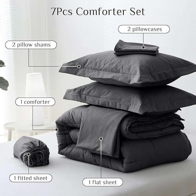 JOLLYVOGUE California King Comforter Set Ultra-Soft Bed in a Bag Cal King Size 7 Pieces Oeko-TEX Certified Bedding Set With Down Alternative Comforter Sheets Pillowcases &amp Shams Dark &amp Li