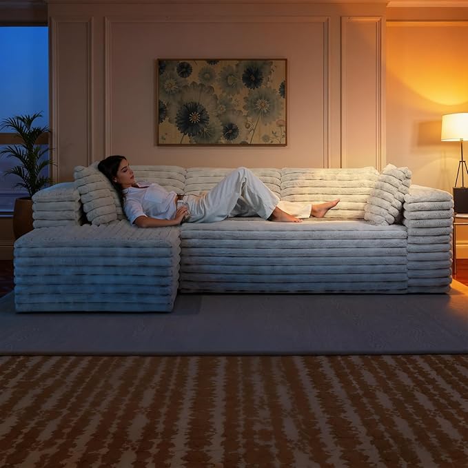 LUCKLIFE 105” Sectional Boneless Couch Modular Cloud Corduroy Fabric Sofa for Living Room Bedroom with Deep Seat Wide Arms and High-Density Foam No Assembly (GB L Shape with Left Facing Chaise)