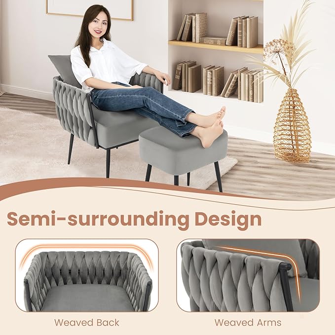 Giantex Velvet Accent Chair with Ottoman Modern Comfy Arm Chair w/Solid Metal Frame Pillow Max Load 330 Lbs Upholstered Single Sofa Chair w/Footrest Reading Chair for Bedroom Living Room Grey
