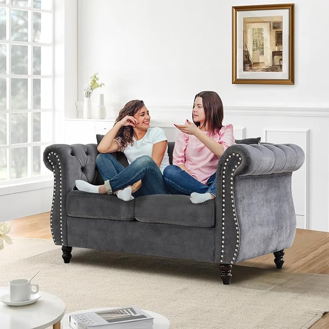 Chesterfield Sofa58 Button Tufted Velvet Couch with Rolled Arms&ampNailhead TrimComfy 2 Seater Loveseat SofaOversize Mid Century Modern Couch for Living RoomBedroomApartmentOffice(Grey)