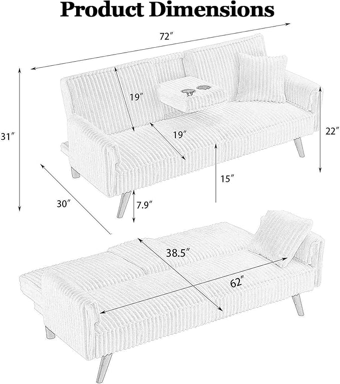 72” Corduroy Futon Sofa Bed with Pillows Modern Convertible Futon Couch with 2 Cup Holders&amp Metal Legs for Small Spaces Living Room Solid Wood Frame (White)